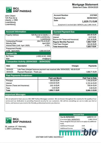 Luksemburg BGL BNP Paribas wyciąg z kredytu hipotecznego szablon Word i PDF